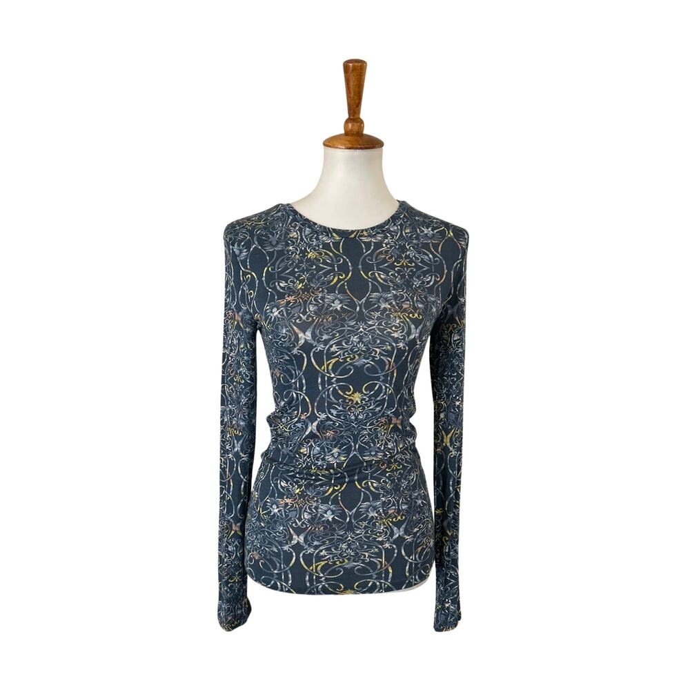 BCBGMAXAZRIA Printed Long-Sleeve Top – Midnight Teal, Size S, NWT